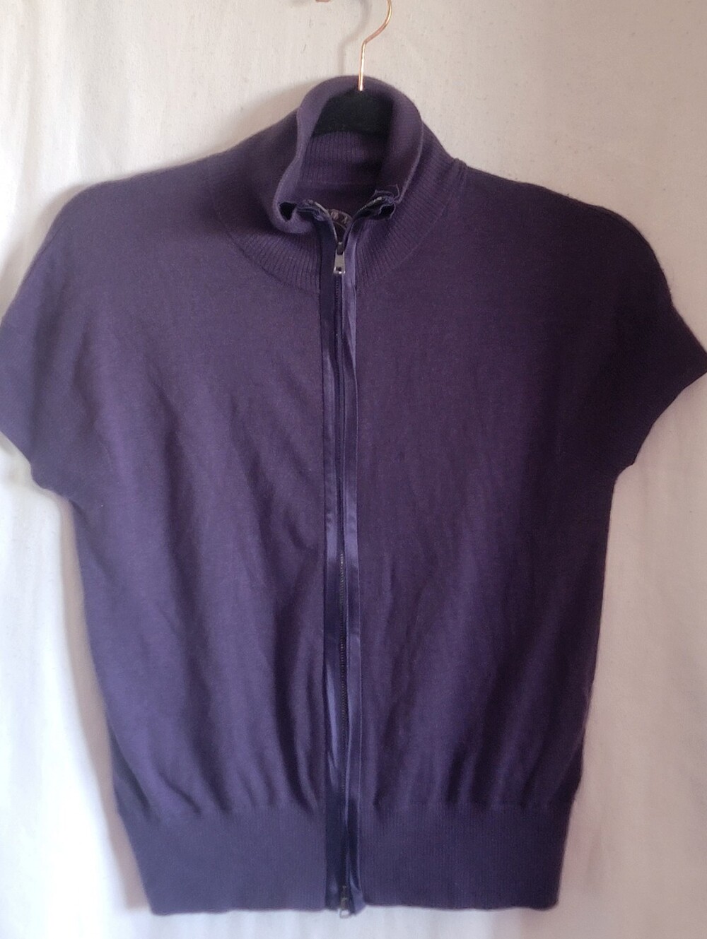 Purple Zip-Front Short-Sleeve Sweater